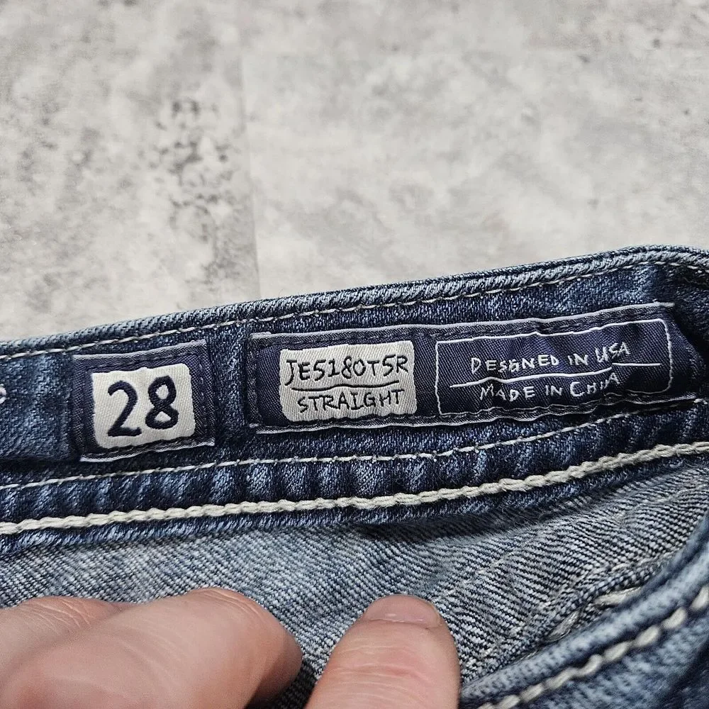 Miss Me Low Rise Distressed Denim Straight Jeans 28 Studded Flap Pockets Bling - Picture 8 of 12